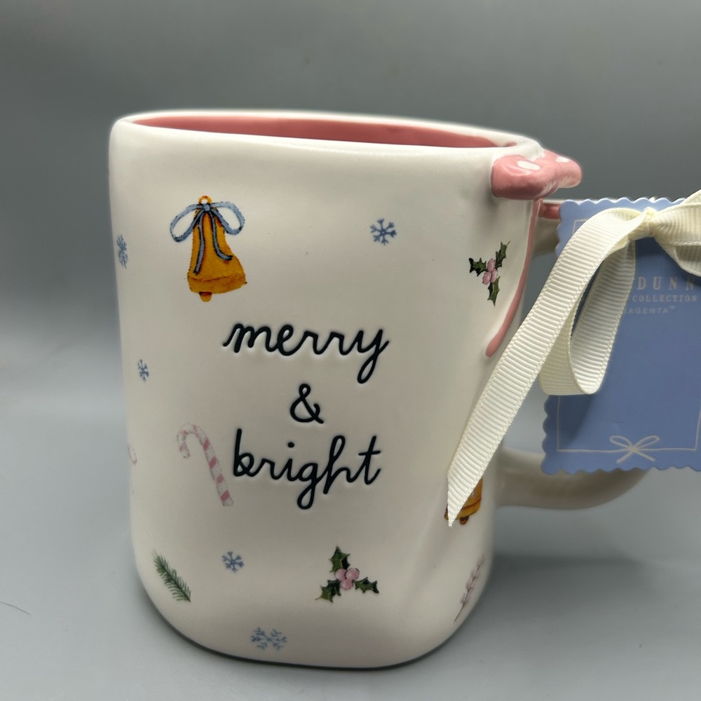 Rae Dunn MERRY & BRIGHT Christmas Mug With Pink Bow Handle Candy Cane Bells NEW